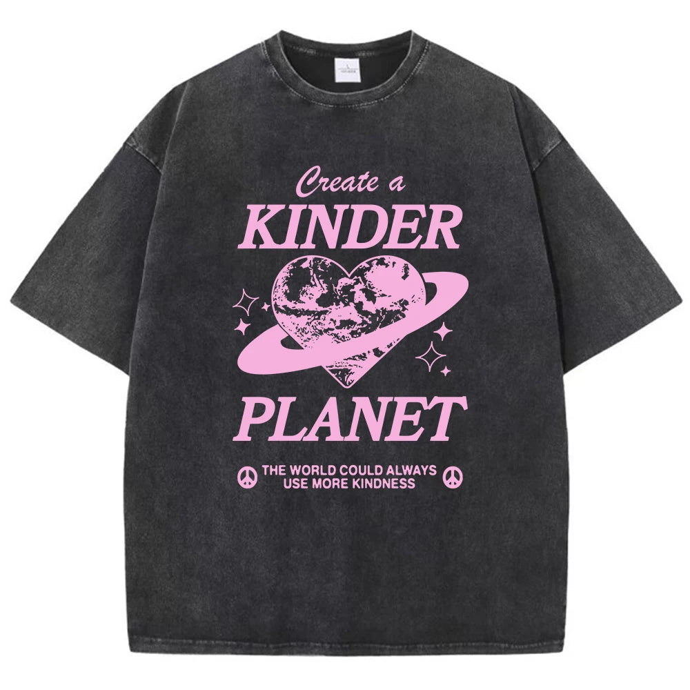 Create A Kinder Planet Printed Tee, Clothing Comfort Half Sleeve T-Shirt Round Neck Retro Punk