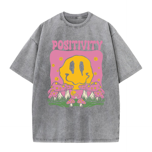 Positivity Smiley Face Acid Washed Printed Tee, Clothing Comfort Half Sleeve T-Shirt Round Neck Retro Punk