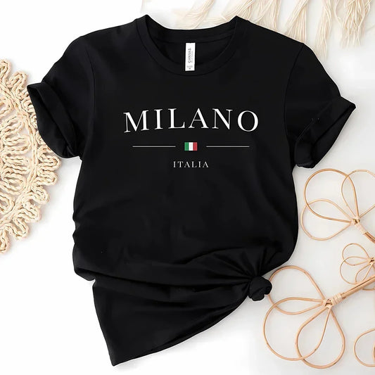 Y2K Women's T-shirt with Milan lettering Luxury short sleeved T-shirt Loose fitting clothes 2024 Soft Tshirt