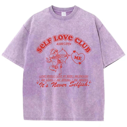 Self Love Club Acid Washed Printed Tee, Clothing Comfort Half Sleeve T-Shirt Round Neck Retro Punk