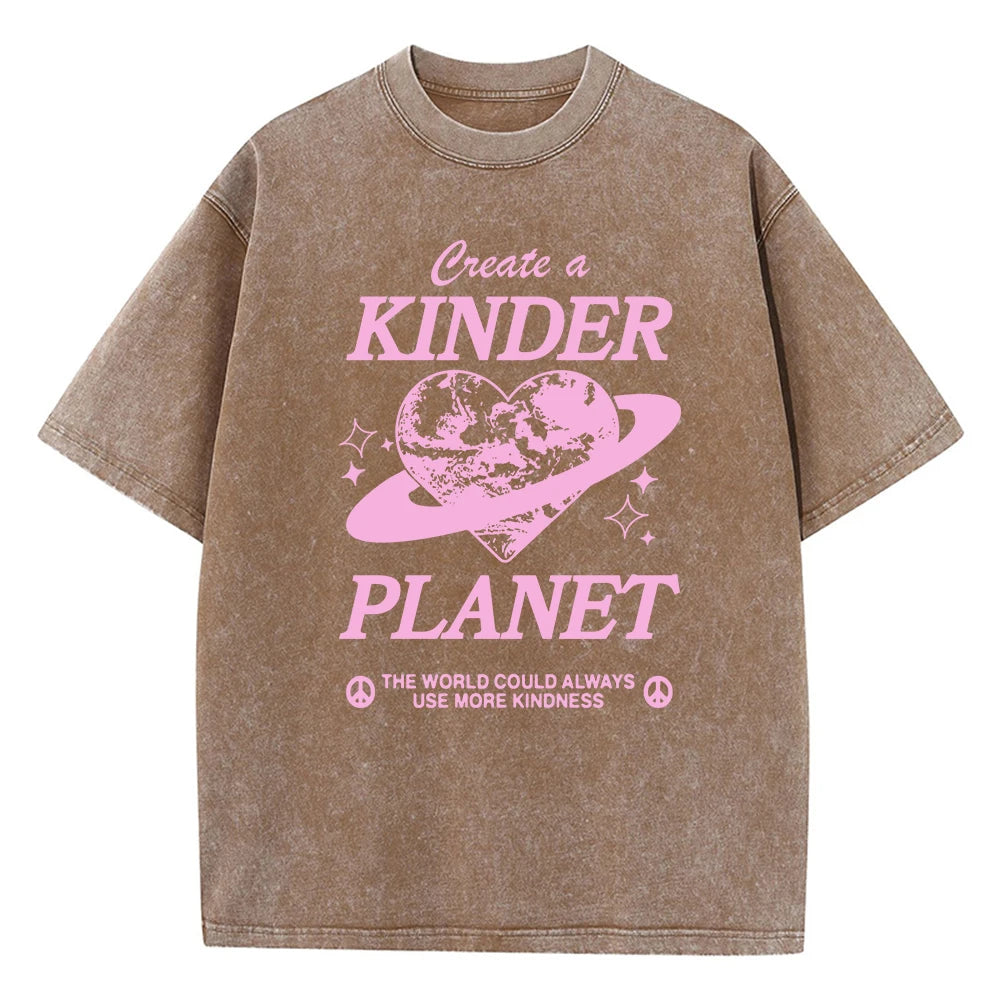 Create A Kinder Planet Printed Tee, Clothing Comfort Half Sleeve T-Shirt Round Neck Retro Punk