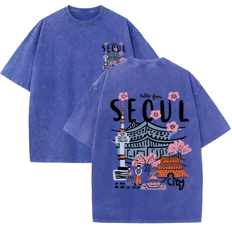 Seoul Acid Washed Printed Tee, Clothing Comfort Half Sleeve T-Shirt Round Neck Retro Punk