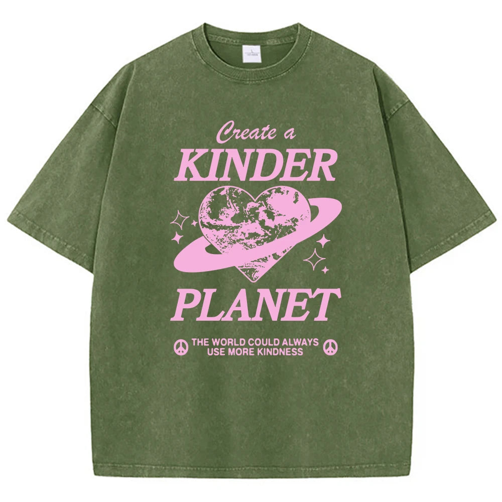 Create A Kinder Planet Printed Tee, Clothing Comfort Half Sleeve T-Shirt Round Neck Retro Punk