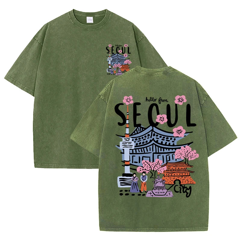 Seoul Acid Washed Printed Tee, Clothing Comfort Half Sleeve T-Shirt Round Neck Retro Punk