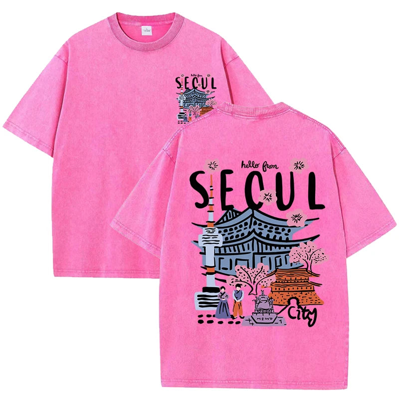 Seoul Acid Washed Printed Tee, Clothing Comfort Half Sleeve T-Shirt Round Neck Retro Punk