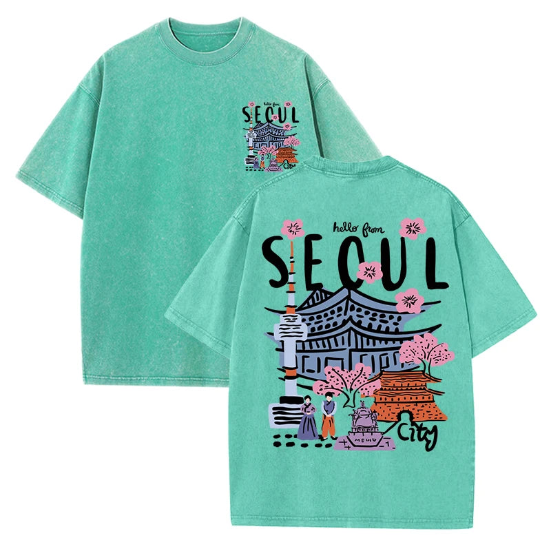 Seoul Acid Washed Printed Tee, Clothing Comfort Half Sleeve T-Shirt Round Neck Retro Punk