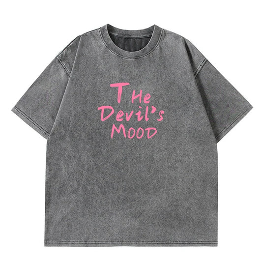 The Devil's Mood Printed Tee, Clothing Comfort Half Sleeve T-Shirt Round Neck Retro Acid Washed