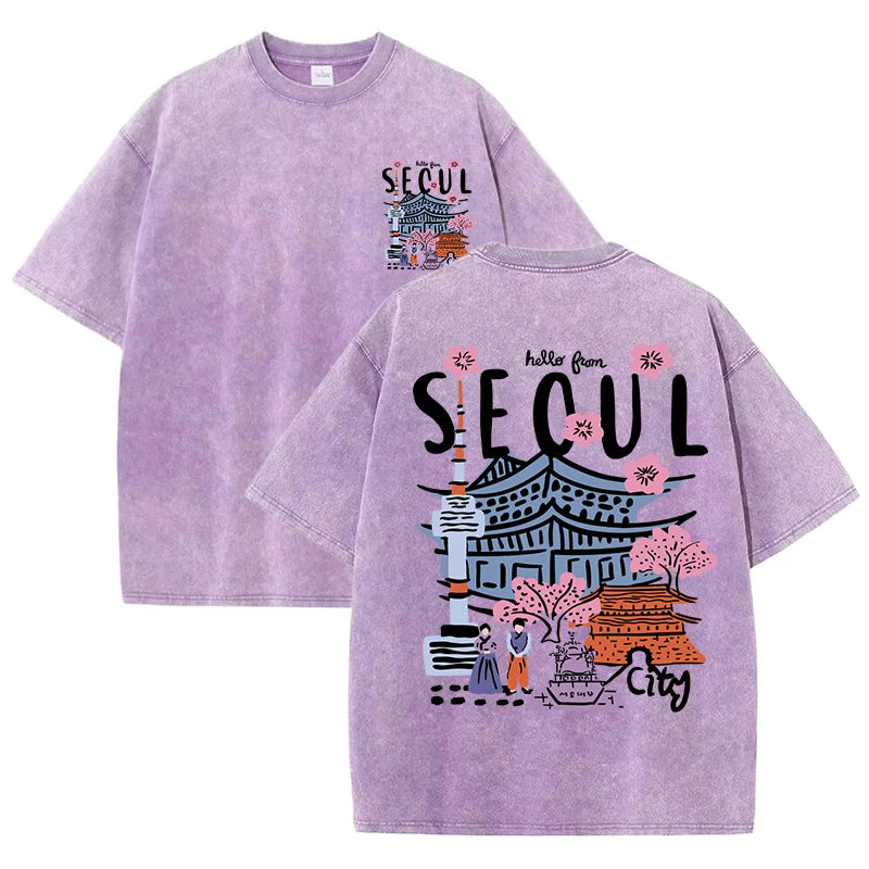 Seoul Acid Washed Printed Tee, Clothing Comfort Half Sleeve T-Shirt Round Neck Retro Punk