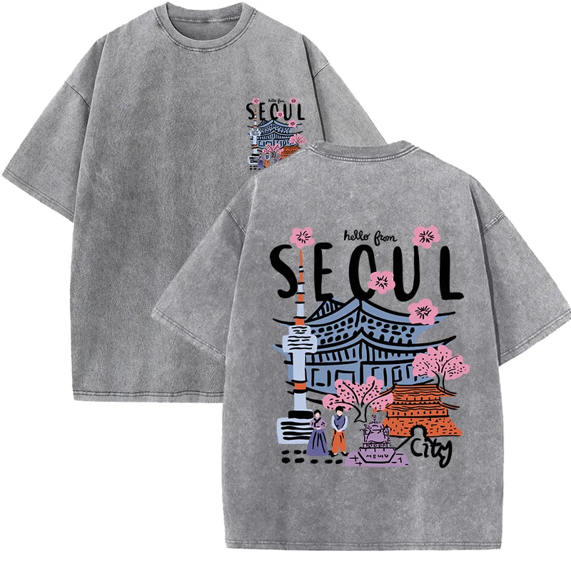 Seoul Acid Washed Printed Tee, Clothing Comfort Half Sleeve T-Shirt Round Neck Retro Punk