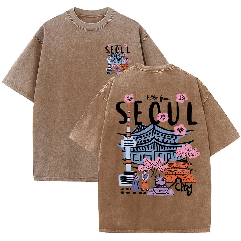 Seoul Acid Washed Printed Tee, Clothing Comfort Half Sleeve T-Shirt Round Neck Retro Punk