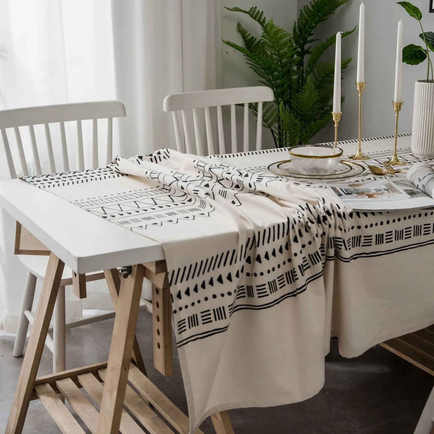 Bohemian Black and White Printed Tablecloth
