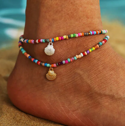 Boho Shell Rope Anklets with Crystal Beads for Women