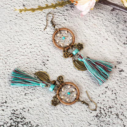 Bohemian Dreamcatcher Leaf Flower Tassel Earrings