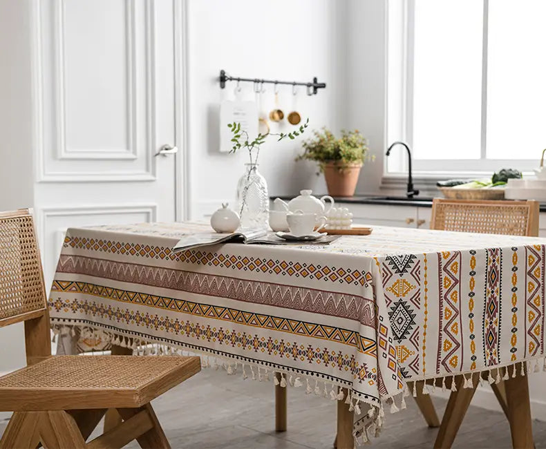 Boho Summer Cotton Linen Tablecloth with Tassels