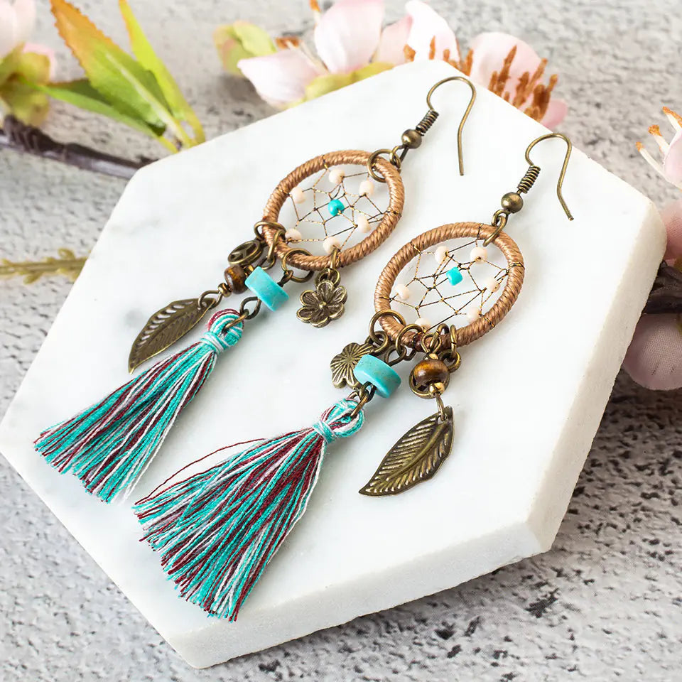 Bohemian Dreamcatcher Leaf Flower Tassel Earrings