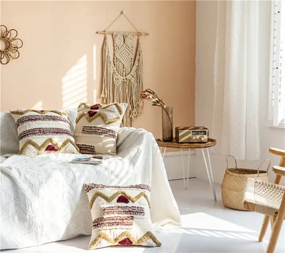 Indian Embroidered Tufted Pillow with Tassels