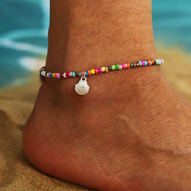 Boho Shell Rope Anklets with Crystal Beads for Women