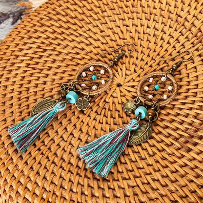 Bohemian Dreamcatcher Leaf Flower Tassel Earrings