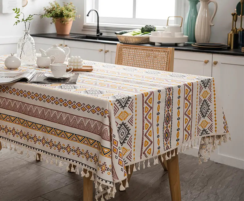 Boho Summer Cotton Linen Tablecloth with Tassels
